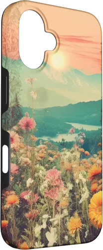 Vista 3 de iPhone 16 Boho Mountain Moon Phases Floral Aesthetic Chic Retro Sunset Case