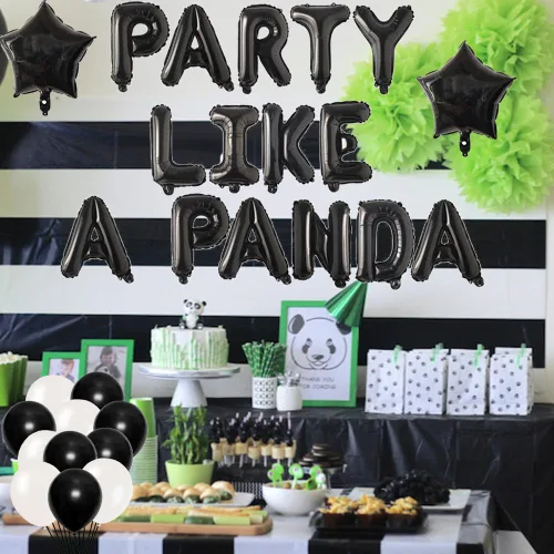 Vista 2 de Decoraciones de fiesta de panda: globos de panda blanco y negro y animales de safari en la selva, suministros de fiesta temática para baby shower