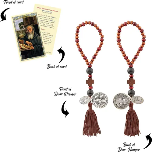 Vista 5 de Benedict Home Blessing - Percha para puerta, oración del Señor, cuentas de madera, bendiciones para el Hogar Puerta, medallas de protección de San