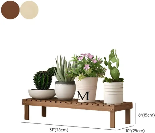 Vista 6 de Soporte rectangular para plantas de madera maciza de 1 nivel, 4 patas, flores, suculentas, rábano verde, de una sola capa, escalera de balcón Marrón