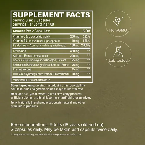 Vista 5 de Terry Naturally Adrenaplex - 120 cápsulas - Suplemento máximo de apoyo suprarrenal, promueve la energía diaria, el enfoque mental y la resistencia
