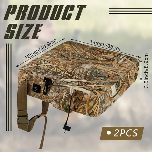 Vista 2 de Barydat Paquete de 2 cojines calefactables para asiento de caza, cálido e impermeable, almohadilla portátil de camuflaje de caña de 16 x 14 x 3.5