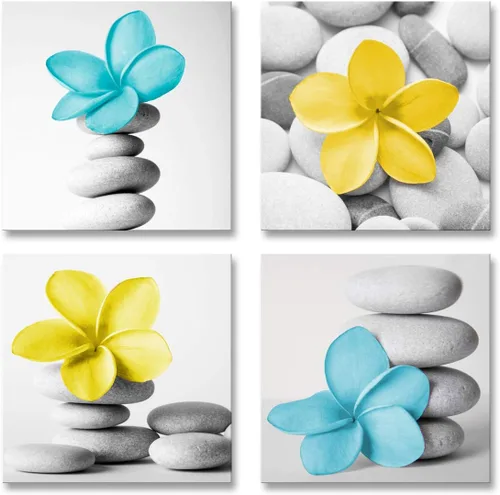 Vista 5 de Genius Decor - Arte moderno para pared de baño, diseño de flores zen azules y grises, piedra de guijarro, aguamarina, arte en lienzo para decoración