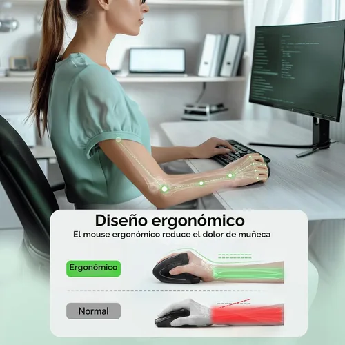 Vista 2 de TECKNET Ratón ergonómico inalámbrico, ratón Ergo vertical recargable Ratón óptico silencioso de 2.4 GHz, con 5 DPI ajustables (800-4800), mouse