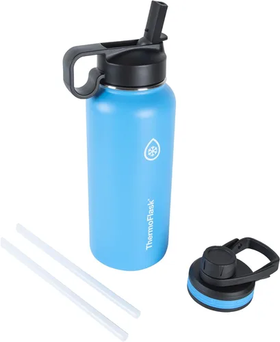 Vista 19 de Thermoflask - Botella de agua de acero inoxidable con doble aislamiento y dos tapas, 18 onzas, negro