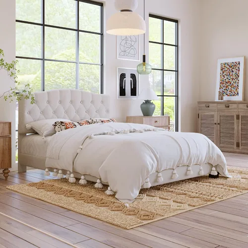 Vista 8 de DSHADE Base de cama Queen con plataforma tapizada de lino moderno, base de cama de madera maciza beige con cabecero, detalles capitoné de diamante