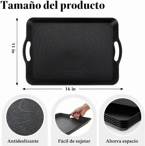 Vista 2 de 6 bandejas para servir con asas para comer, bandeja de plástico multiusos de 16 x 11 pulgadas, bandeja rectangular antideslizante decorativa