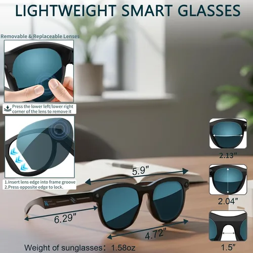 Vista 7 de Gafas Inteligentes con Cámara, Gafas AI, Gafas Bluetooth, Lentes Reemplazables, Batería de 48H para Viajes, Conferencias y Vlogging. Traducción