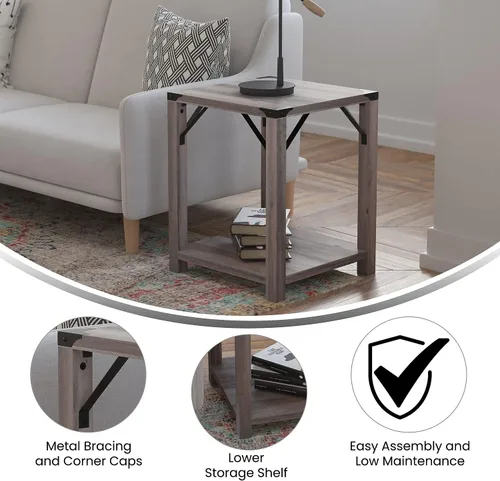Vista 4 de Flash Furniture Wyatt - Mesa auxiliar moderna de 2 niveles, marco de madera de ingeniería gris lavado, soportes laterales entrecruzados de metal
