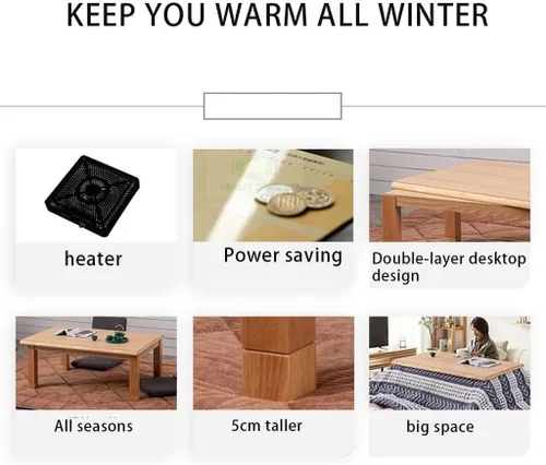 Vista 4 de Mesa de calefacción Tatami Mesa de centro kotatsu, mesa de centro de invierno Tatami mesa de café estilo japonés, estufa de invierno para asar Blue-a