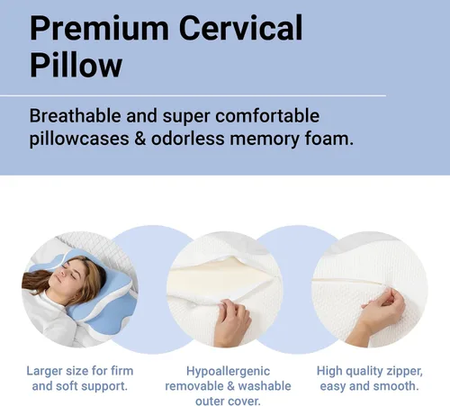 Vista 2 de Tesoro - Almohada cervical cervical, almohada ergonómica para aliviar el dolor de cuello, almohada ortopédica de contorno de espuma viscoelástica