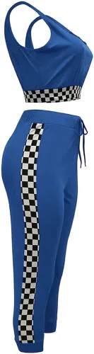 Vista 4 de SCORP Conjunto de 2 piezas para mujer con cuello redondo y pantalones ajustados con cordón, Azul Patchwork, M
