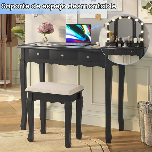 Vista 5 de Tiptiper Tocador de maquillaje con espejo y taburete triple iluminado