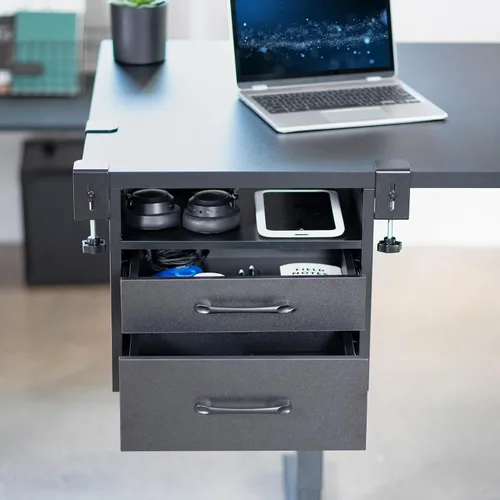 Vista 9 de VIVO - Sistema de cajones y estantes bajo el escritorio con abrazadera de esquina, accesorio para oficina para suministros, dispositivos de juego