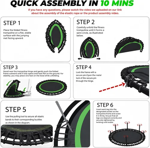 Vista 7 de Mini trampolín rebotador de 40 pulgadas para adultos, carga de 440 libras, color verde Foldable Indoor Trampoline with PP Mat, Alloy Steel Frame