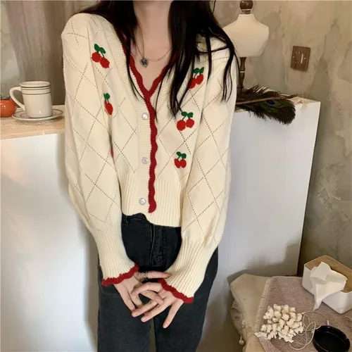 Vista 5 de Cárdigan Kawaii bordado de cereza, Y2K, ropa de calle de punto, lindo suéter recortado de manga abombada, cárdigan preppy