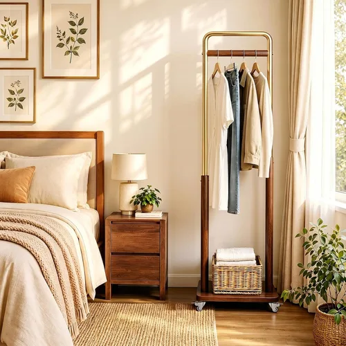 Vista 7 de Brand Perchero de madera maciza con ruedas independiente, entrada dormitorio sala de estar, combinación de madera de metal, ropa ropa bufanda