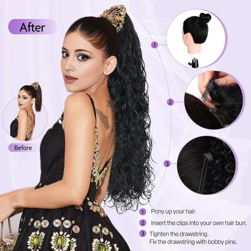 Vista 5 de Icono de la moda - Extensión de cola de caballo rizada ondulada con clip, cabello real, cola de caballo negra, extensiones de cordón con clip