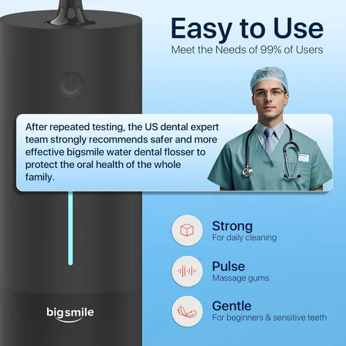 Vista 2 de Bigsmile Irrigador dental portátil inalámbrico para ducha de viaje, hilo dental fuerte IPX7 200ML imprescindible para niños y puentes