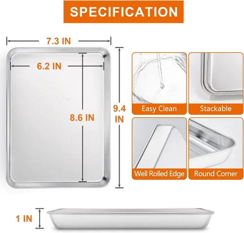 Vista 2 de E-far - Juego de 2 bandejas pequeñas para hornear, horno tostador de acero inoxidable de 9.4 x 7.3 pulgadas con 50 papeles pergaminos, mini bandeja