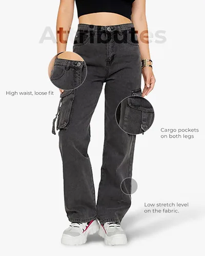 Vista 6 de FALABELLA Jeans tipo cargo holgados de cintura media y alta para mujer con bolsillo de solapa, pantalones de mezclilla holgados de pierna ancha