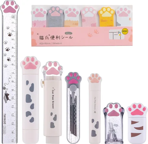 Vista 7 de Juego de 8 piezas de artículos de papelería lindos de patitas de gato, suministros escolares kawaii que incluyen sacapuntas, borrador retráctil