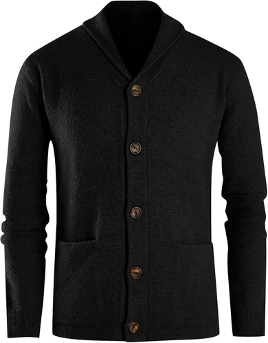 Vista 2 de Suéter de invierno para hombre, a la moda, cuello de chal, botón, suéter casual, manga larga, color sólido, abrigo de punto