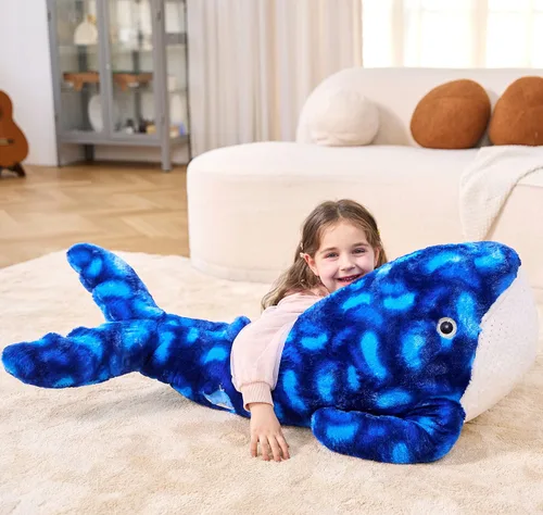 Vista 5 de IKASA Juguete de peluche grande de ballena azul, gigante, de 43 pulgadas, lindos juguetes suaves jumbo, enorme tamaño grande, esponjoso, oso
