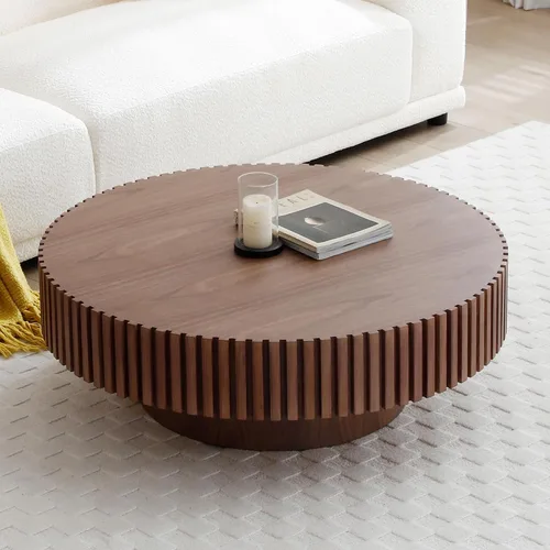 Vista 25 de WILLIAMSPACE Mesa de Café Redonda de 35.43" con Tablero de Piedra Sintética, Mesa Central Circular de Madera Moderna de Estilo Granja para la Sala
