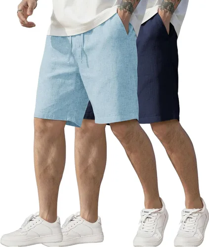 Vista 4 de COOFANDY Pantalones cortos de lino para hombre, cintura elástica, con cordón, pantalones cortos de verano, playa, vacaciones A-Azul Claro