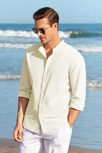 Vista 4 de Makkrom Men's Casual Button Down Cotton Linen Shirts Long Sleeve Band Collar Beach Shirt Top