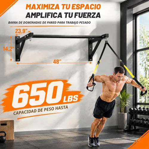Vista 2 de 48" Wall Mounted Pull Up Bar, 650LB, Multi Grip, 16"/24" Studs Negro
