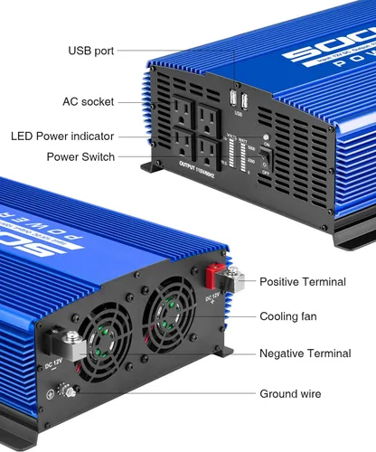Vista 3 de Inversor de corriente de 5000 W de 12 V a 110 V con 4 salidas de CA, 2 puertos USB para campamento/camión/RV/hogar