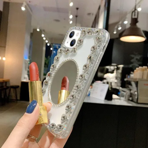 Vista 3 de Funda para iPhone 14 con purpurina y espejo, funda protectora de lujo con diamantes de imitación y diamantes de imitación 3D