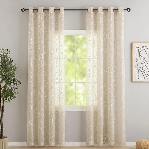 Vista 16 de Kotile Cortinas traslúcidas de rama de árbol – Cortinas traslúcidas grises con estampado de rama de árbol en lámina dorada metálica de 63 pulgadas
