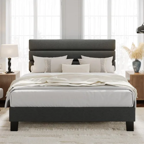 Vista 8 de GarveeHome Base de cama tamaño matrimonial con cabecera ajustable, tapizada de tela de lino y soporte de listones de madera, base de colchón