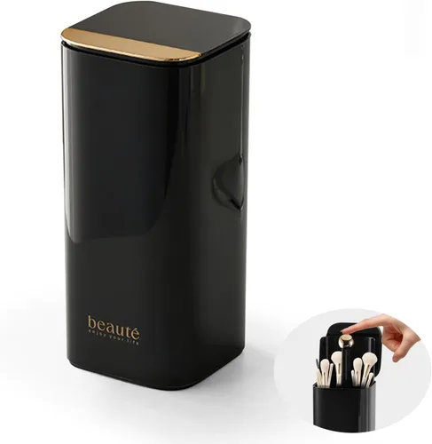 Vista 8 de DASITON Soporte para brochas de maquillaje con tapa, organizador de brochas de maquillaje de 4 ranuras, organizador de cosméticos de maquillaje
