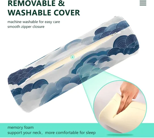 Vista 4 de Cervical Neck Roll, Blue White Clouds Round Pillow Washable Memory Foam Pillow, Bolster Pillow for Improved Sleeping, Travel, Home