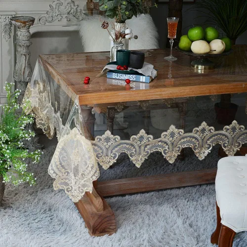 Vista 6 de SUTAVIA Mantel redondo de encaje de vinilo transparente, 100% a prueba de aceite, impermeable, a prueba de derrames, protector de mesa de PVC Champán