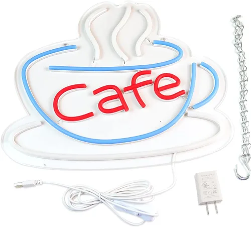 Vista 8 de Letrero de neón para cafetería, bar, decoración de arte de pared azul para sala de estar, luz LED de café, fuente de alimentación USB con cadena