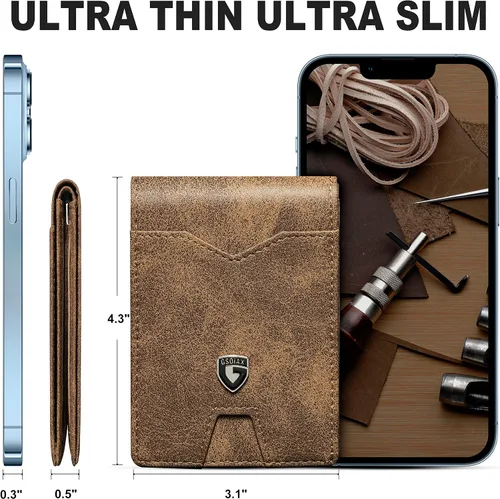 Vista 5 de GSOIAX Billetera delgada para hombre minimalista de cuero genuino fibra de carbono con bloqueo RFID de cuero vacuno plegable con caja de regalo