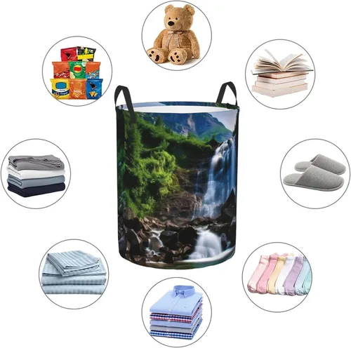 Vista 6 de Scenic mountain waterfall print Circular Hamper Waterproof Storage Bin Organizer Basket Laundry Hamper With Handles For Clothes Toys Small