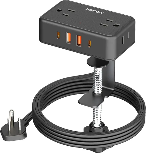 Vista 10 de HOPOW - Cable de extensión de enchufe plano, 4AC y 2A2C, regleta de alimentación de 6 pies para viajes Extension Cord with Multiple Outlets