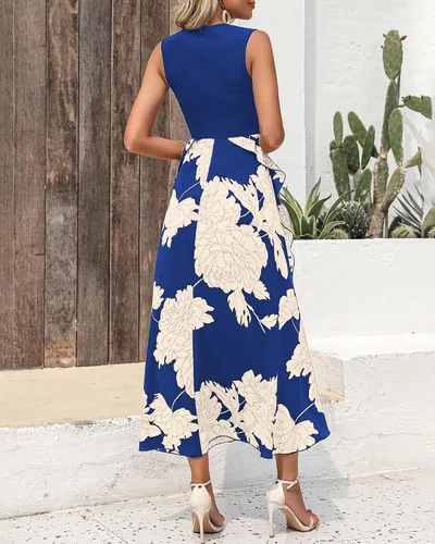 Vista 5 de BTFBM Vestidos casuales de verano sin mangas para mujer, para primavera, cuello redondo, retazos, bohemio, floral, con volantes, vestido midi