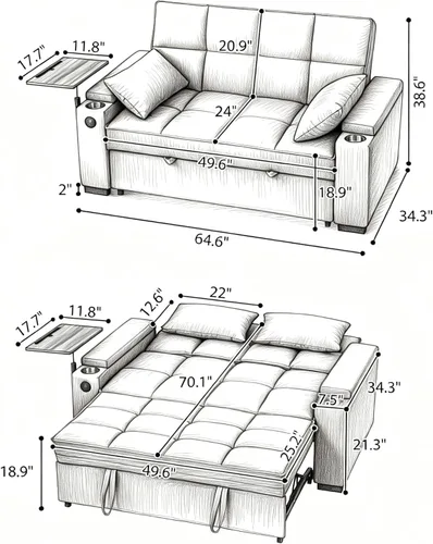 Vista 2 de Eafurn Sofá cama convertible de felpilla capitoné 3 en 1 de 65 pulgadas Café - 65