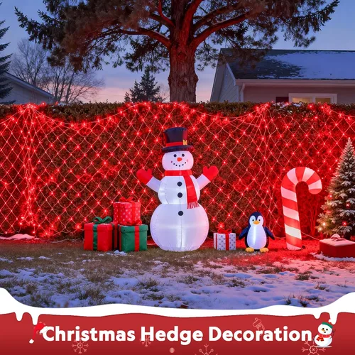Vista 2 de JMEXSUSS 200 luces LED rojas de red de Navidad, 9.8 pies x 6.6 pies, luces de arbusto de Navidad conectables con control remoto, 8 modos de enchufe