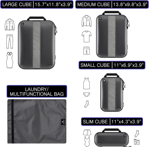 Vista 6 de Cubos de embalaje de compresión ultraligeros prémium para viajes, juego organizador de equipaje Bag Factor, Gris