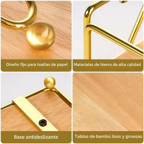 Vista 3 de Servilletero de metal, base de madera moderna, soporte de servilleta dorada para mesa con brazo de peso, para decoración de mesa de cocina, cóctel