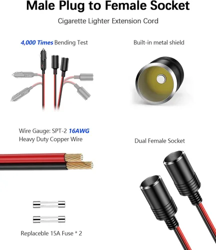 Vista 4 de Adaptador divisor de encendedor de cigarrillos para automóvil, 2 enchufes, cable de extensión de salida múltiple de 12 V-24 V, doble enchufe hembra