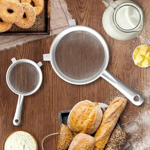 Vista 3 de Juego de 3 coladores de kéfir de malla fina de nailon de plástico con asa, colador de malla fina para yogur, hornear, cocina, kéfir, té, jugo, pasta